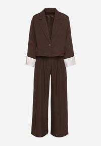Renee - Ciemnobrązowy Garniturowy Komplet Marynarka i Spodnie z Kontrastującymi Zdobieniami Davirielle. Kolor: brązowy. Wzór: aplikacja #7