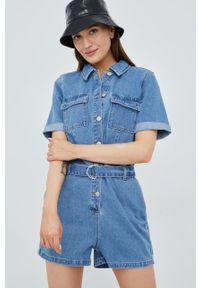 only - Only kombinezon jeansowy bawełniany z kołnierzykiemm. Okazja: na co dzień. Kolor: niebieski. Materiał: bawełna, jeans. Długość rękawa: krótki rękaw. Długość: krótkie. Styl: casual #1