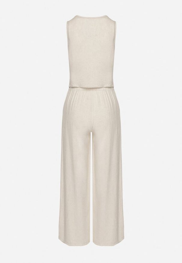 Born2be - Jasnobeżowy Wiskozowy Komplet z Lnem Kamizelka i Garniturowe Spodnie Evialira. Kolor: beżowy. Materiał: wiskoza, len