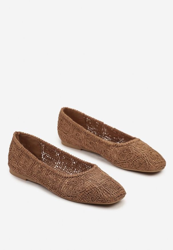 Renee - Brązowe Balerinki z Cholewką z Plecionki Relore. Okazja: na co dzień, na imprezę. Kolor: brązowy. Materiał: jeans. Szerokość cholewki: normalna. Obcas: na płaskiej podeszwie. Styl: elegancki, casual