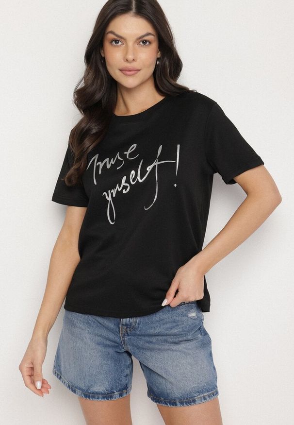 Born2be - Czarny T-shirt z Ozdobnym Nadrukiem z Brokatem Tenesia. Okazja: na co dzień. Kolor: czarny. Materiał: jeans, materiał. Wzór: nadruk. Styl: klasyczny, elegancki, casual