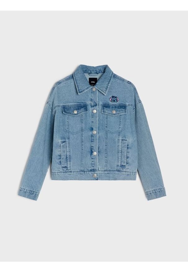 Sinsay - Jeansowa kurtka katana z efektem sprania Lilo & Stitch - niebieski. Kolor: niebieski. Materiał: jeans