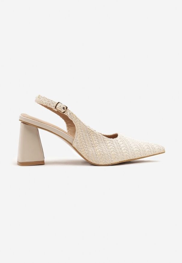 Born2be - Beżowe Sandały Slingback na Słupku z Tweedowymi Zdobieniami Grellia. Okazja: na co dzień. Zapięcie: pasek. Kolor: beżowy. Wzór: aplikacja. Sezon: lato. Obcas: na słupku. Styl: elegancki, casual