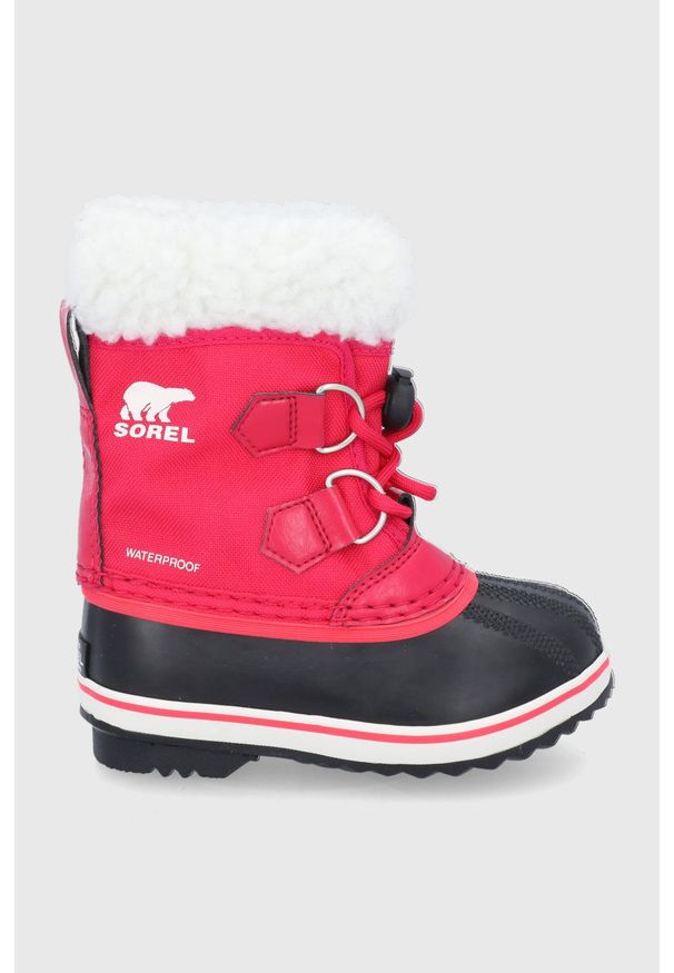 sorel - Sorel śniegowce dziecięce kolor różowy. Nosek buta: okrągły. Kolor: różowy. Materiał: guma. Szerokość cholewki: normalna