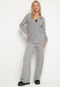 Born2be - Ciemnoszary Komplet Dzianinowy z Wełną Bluza z Kapturem i Szerokie Spodnie Otisela. Kolor: szary. Materiał: dzianina, wełna