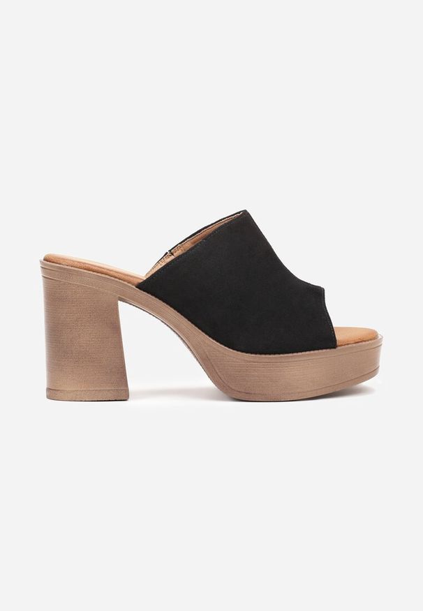 Renee - Czarne Klapki z Szerokim Paskiem na Słupku w Stylu Drewniaków Sabirah. Kolor: czarny. Obcas: na słupku. Styl: boho