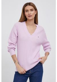 TOMMY HILFIGER - Tommy Hilfiger Sweter bawełniany damski kolor różowy. Okazja: na co dzień. Kolor: różowy. Materiał: bawełna. Wzór: ze splotem. Styl: casual #5