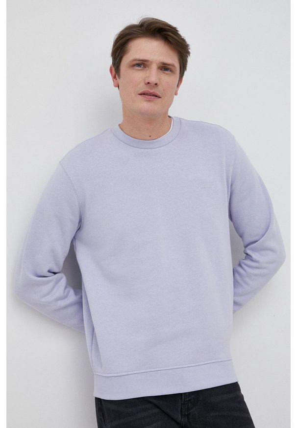 Guess Bluza męska kolor fioletowy gładka. Kolor: fioletowy. Materiał: bawełna. Wzór: gładki