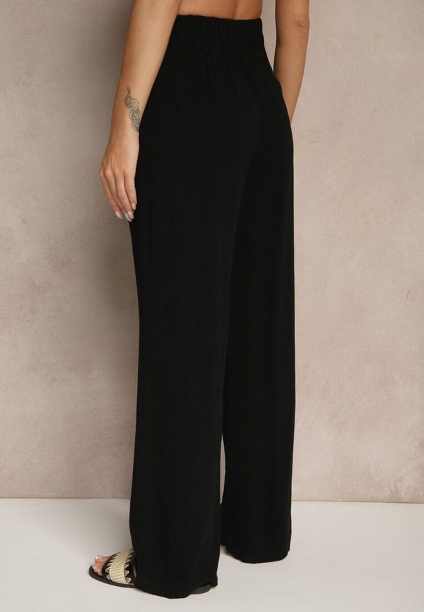 Renee - Czarne Spodnie z Bawełną i Lnem High Waist o Szerokim Kroju Turina. Okazja: na co dzień. Stan: podwyższony. Kolor: czarny. Materiał: len, bawełna. Styl: klasyczny, casual