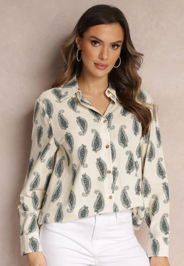 Renee - Beżowo-Zielona Bawełniana Koszula z Drobnym Wzorem Paisley Kaisleigh. Kolor: beżowy. Materiał: bawełna. Wzór: paisley. Styl: klasyczny