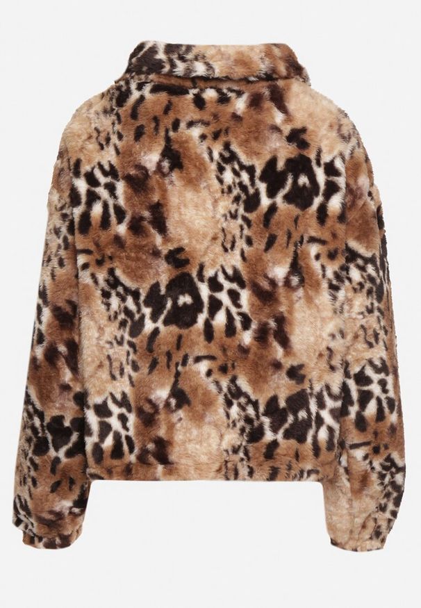 Born2be - Czarno-Beżowa Futerkowa Kurtka ze Ściągaczami i Kołnierzykiem w Animal Print Fortilia. Okazja: na spacer. Kolor: czarny. Materiał: futro, jeans, materiał. Długość rękawa: długi rękaw. Długość: długie. Wzór: nadruk. Styl: elegancki