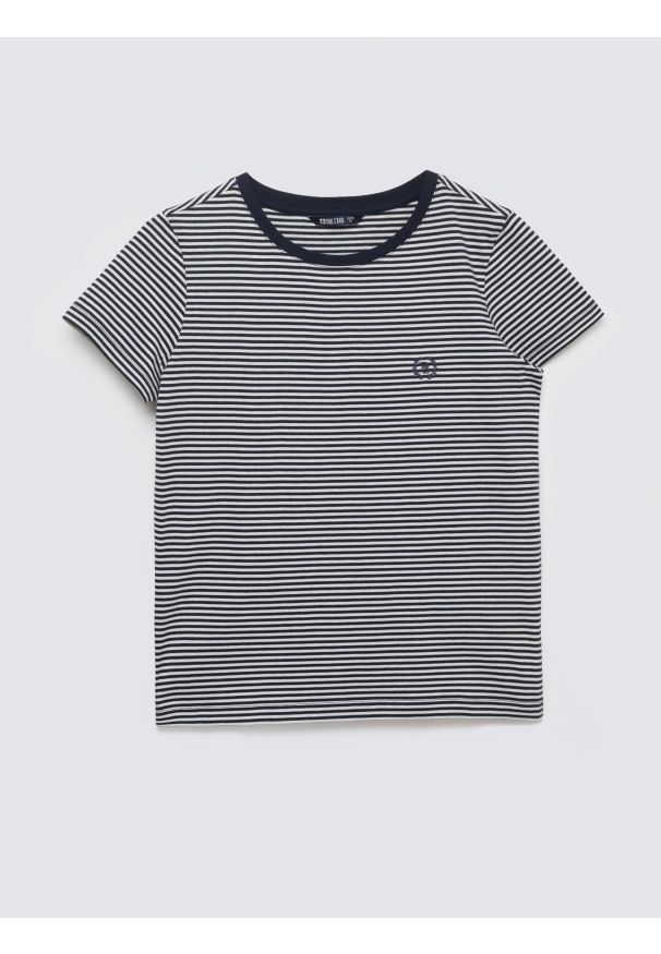 Big-Star - Koszulka damska w paski z haftem granatowa Zenaisa 403. Okazja: na co dzień. Kolor: niebieski. Materiał: jeans, dzianina. Wzór: haft, paski. Styl: casual, klasyczny