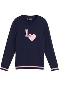 bonprix - Sweter z dzianiny o gładkim splocie drobnych oczek. Kolor: niebieski. Materiał: dzianina. Wzór: ze splotem, nadruk, gładki #1