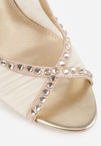 Renee - Złote Sandały Slingback VICES z Siateczki na Szpilce Zdobione Cyrkoniami Aethipe. Nosek buta: otwarty. Kolor: złoty. Materiał: skóra, materiał. Wzór: aplikacja. Sezon: lato. Obcas: na szpilce. Wysokość obcasa: średni #7