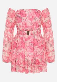 Born2be - Różowa Wiskozowa Sukienka Hiszpanka z Falbanami i Paskiem w Kwiaty Virmoi. Okazja: na spacer, na co dzień. Typ kołnierza: dekolt hiszpanka. Kolor: różowy. Materiał: wiskoza. Wzór: kwiaty. Typ sukienki: proste. Styl: casual #4