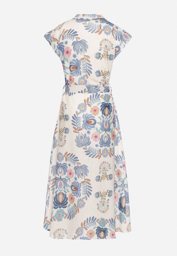 Born2be - Niebieska Sukienka z Wiskozą o Koszulowym Kroju z Paskiem z Klamrą Nitasiela. Okazja: na co dzień. Typ kołnierza: dekolt w kształcie V. Kolor: niebieski. Materiał: wiskoza. Długość rękawa: krótki rękaw. Typ sukienki: koszulowe. Styl: casual, klasyczny