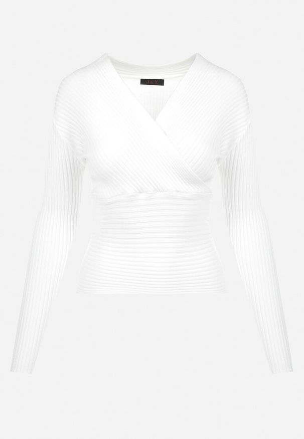 Born2be - Biały Sweter Kopertowy z Prążkowanej Dzianiny Zaki. Okazja: na co dzień. Kolor: biały. Materiał: prążkowany, dzianina. Długość rękawa: długi rękaw. Długość: długie. Styl: casual, rockowy, elegancki