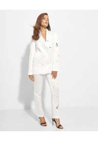 JOANNA MUZYK - Białe spodnie z kontrastową farbą. Okazja: do pracy, na co dzień. Kolor: biały. Materiał: wiskoza, materiał, jedwab. Długość: długie. Wzór: aplikacja. Styl: casual