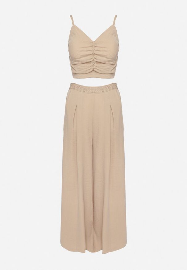 Born2be - Beżowy Komplet z Wiskozą Top z Usztywnianymi Miseczkami i Szerokie Spodnie Lortebis. Kolor: beżowy. Materiał: wiskoza. Wzór: aplikacja