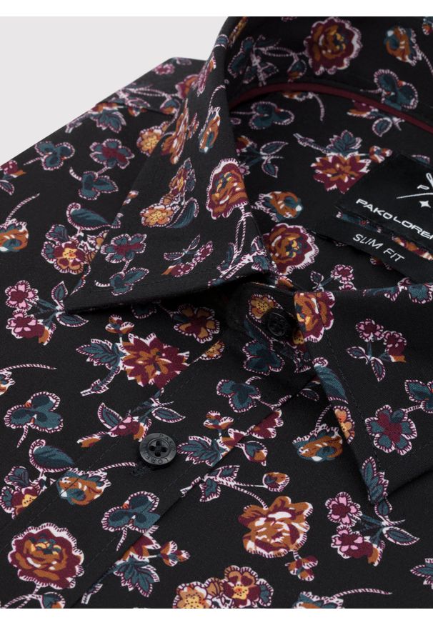 Pako Lorente - PAKO LORENTE – Czarna koszula męska w kwiaty. Kolor: czarny. Materiał: bawełna, elastan. Długość rękawa: długi rękaw. Długość: długie. Wzór: kwiaty