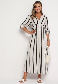 Born2be - Biało-Czarna Taliowana Sukienka z Bawełny z Motywem Pasków Rivettes. Okazja: do pracy, na co dzień. Typ kołnierza: dekolt w kształcie V. Kolor: biały. Materiał: bawełna. Wzór: aplikacja. Typ sukienki: proste. Styl: klasyczny, casual, elegancki #3