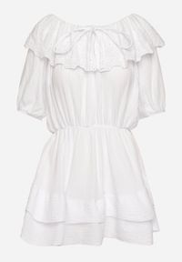 Born2be - Biała Bawełniana Sukienka z Ażurową Falbaną i Wiązaniem Univelle. Okazja: na co dzień. Kolor: biały. Materiał: bawełna. Wzór: ażurowy. Sezon: wiosna, lato. Styl: klasyczny, casual, elegancki #2