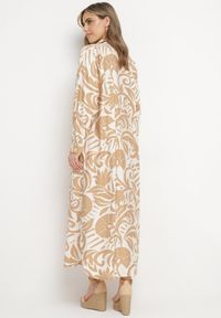 Born2be - Beżowa Sukienka Szmizjerka Zapinana na Guziki z Falbanką Lavernia. Okazja: na co dzień, na randkę. Typ kołnierza: dekolt w kształcie V, kołnierz z falbankami. Kolor: beżowy. Materiał: materiał, wiskoza, jeans. Długość rękawa: długi rękaw. Typ sukienki: szmizjerki. Styl: klasyczny, casual, elegancki #4