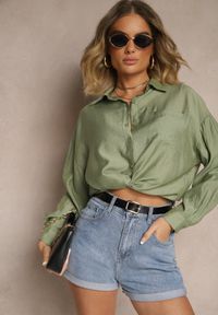 Renee - Zielona Koszula Oversize w Klasycznym Stylu z Kieszonką Liozira. Okazja: na co dzień, na spotkanie biznesowe. Typ kołnierza: kołnierzyk klasyczny. Kolor: zielony. Styl: klasyczny