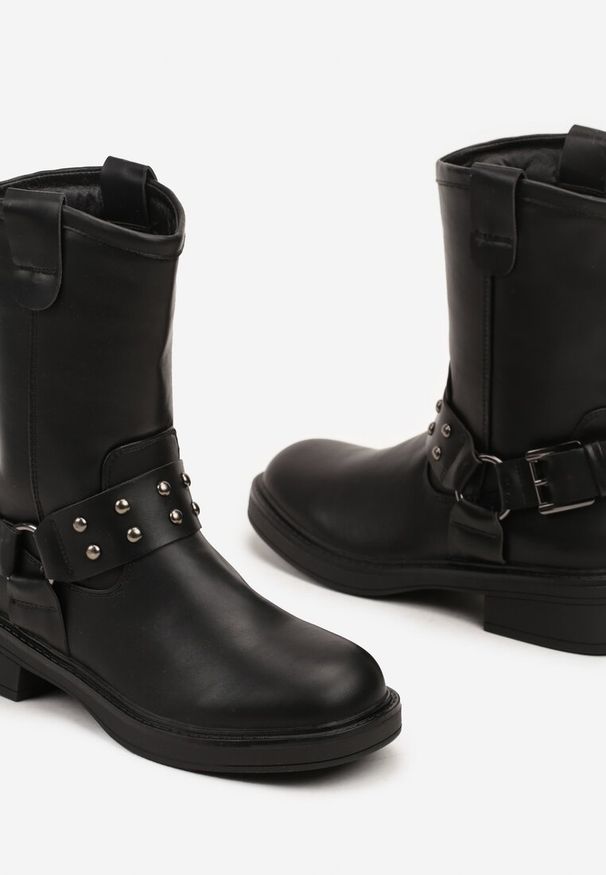 Born2be - Czarne Botki w Motocyklowym Stylu na Płaskiej Podeszwie Tinra. Okazja: na co dzień. Kolor: czarny. Materiał: jeans. Obcas: na płaskiej podeszwie. Styl: elegancki, casual. Wysokość obcasa: niski
