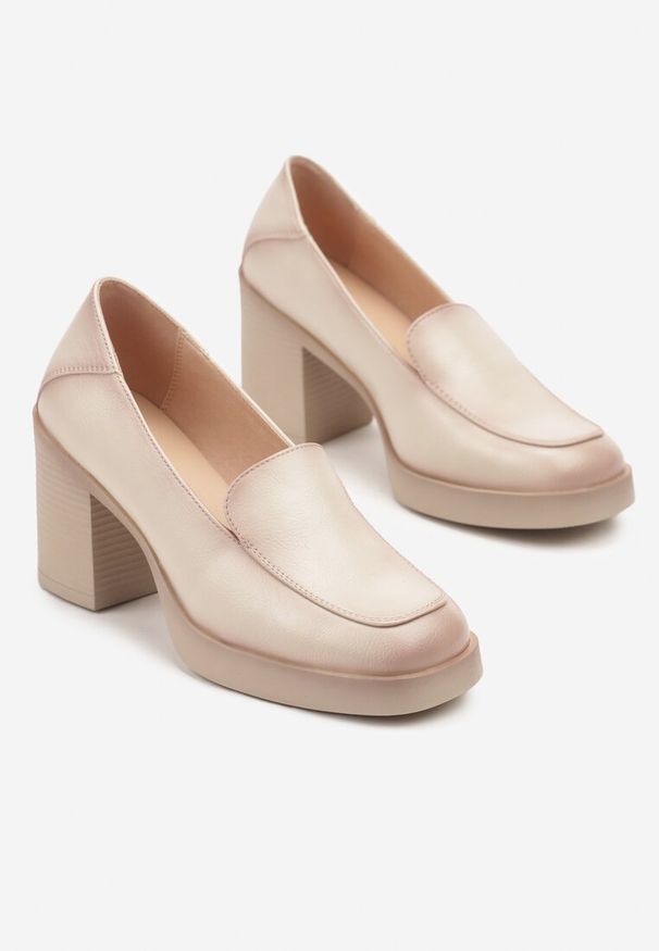 Born2be - Beżowe Eleganckie Półbuty Mokasyny na Słupku ze Skórzaną Wkładką Alandria. Okazja: na co dzień. Kolor: beżowy. Materiał: skóra. Obcas: na słupku. Styl: elegancki. Wysokość obcasa: średni