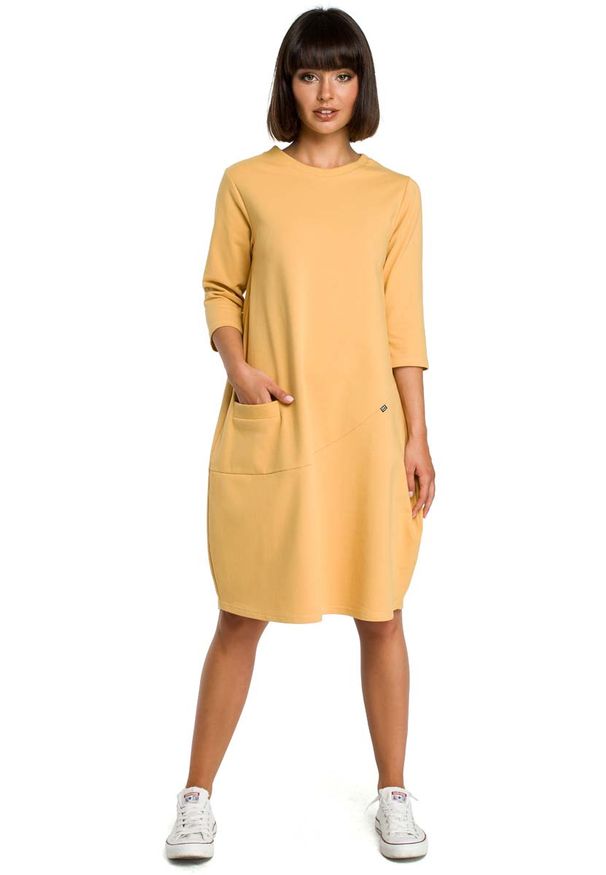 MOE - Żółta Luźna Sukienka Bombka z Ozdobnymi Przeszyciami. Kolor: żółty. Materiał: bawełna, elastan. Typ sukienki: bombki