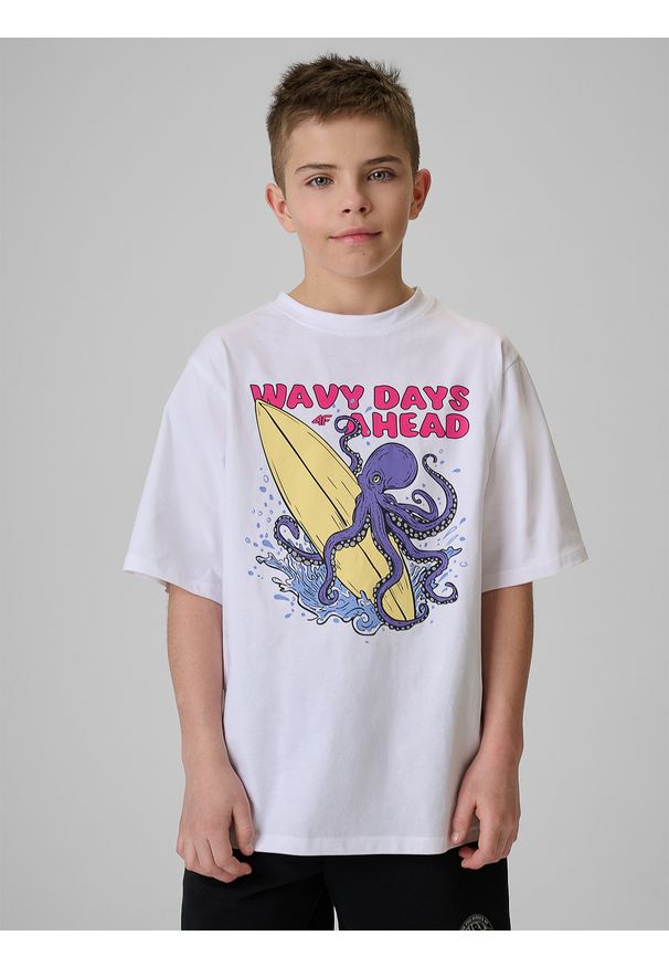 4f - 4F T-shirt loose z nadrukiem chłopięcy - biały 158/164 (12-14 lat). Okazja: na co dzień. Kolor: biały. Materiał: dzianina, skóra, bawełna. Wzór: nadruk. Sezon: lato. Styl: casual