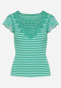Born2be - Zielony Bawełniany T-shirt z Prążkowanej Dzianiny Ozdobiony Koronką Liasilo. Kolor: zielony. Materiał: bawełna, dzianina, prążkowany, koronka. Wzór: aplikacja, koronka. Sezon: lato #5