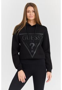 Guess - GUESS Czarna damska bluza New Alisa z dużym logo. Kolor: czarny. Materiał: wiskoza, poliamid, elastan, materiał