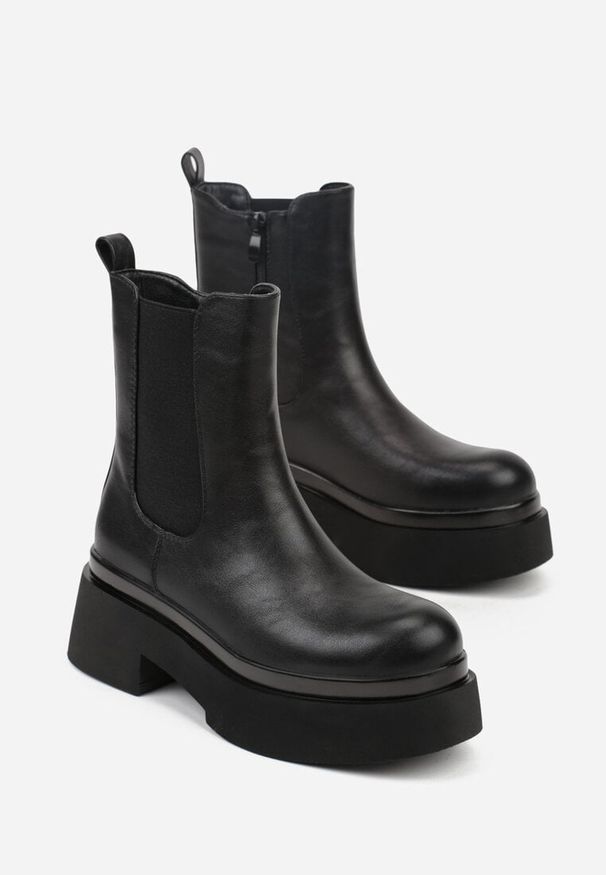 Born2be - Czarne Botki Sztyblety na Grubej Podeszwie Tevinda. Okazja: na co dzień, na spotkanie biznesowe. Kolor: czarny. Materiał: jeans. Sezon: jesień. Styl: biznesowy, casual