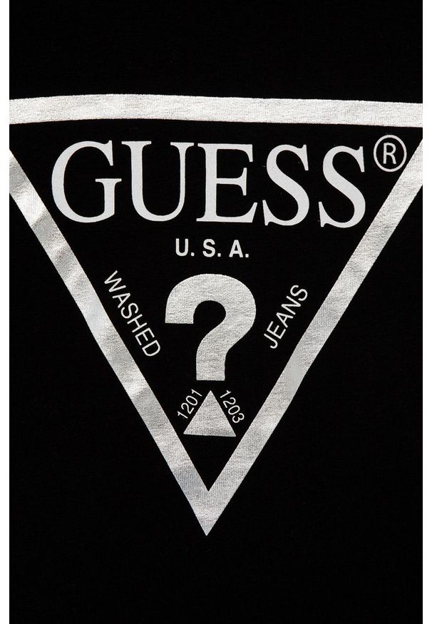 Guess Longsleeve dziecięcy kolor czarny. Okazja: na co dzień. Kolor: czarny. Materiał: dzianina. Długość rękawa: długi rękaw. Długość: długie. Wzór: nadruk. Styl: casual