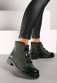 Renee - Zielone Płaskie Botki Ozdobione Metalowymi Aplikacjami Cetirra. Okazja: na co dzień. Kolor: zielony. Materiał: jeans, skóra, dzianina. Wzór: aplikacja. Styl: elegancki, casual, rockowy #6