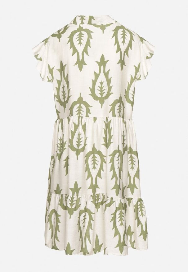 Born2be - Zielona Rozkloszowana Sukienka o Koszulowym Kroju z Lnem i Wiskozą Folarane. Okazja: na co dzień, na spacer. Kolor: zielony. Materiał: wiskoza, len. Wzór: aplikacja. Typ sukienki: koszulowe. Styl: casual, elegancki, klasyczny