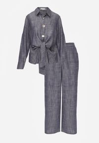 Born2be - Niebieski Komplet z Lnem i Wiskozą Szerokie Spodnie i Koszula z Wiązaniem Ravilith. Kolor: niebieski. Materiał: wiskoza, len #4