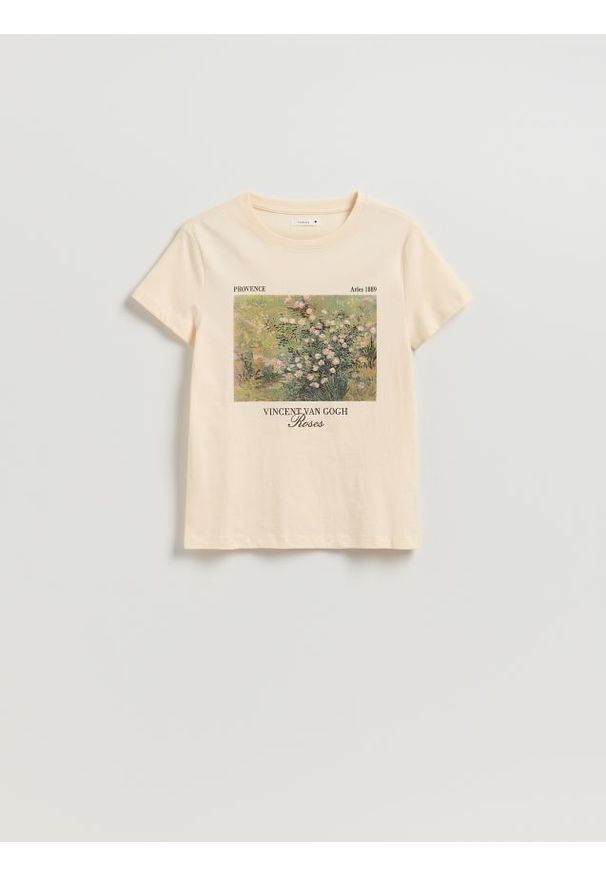 Reserved - T-shirt z nadrukiem - kremowy. Kolor: kremowy. Materiał: bawełna, dzianina. Wzór: nadruk