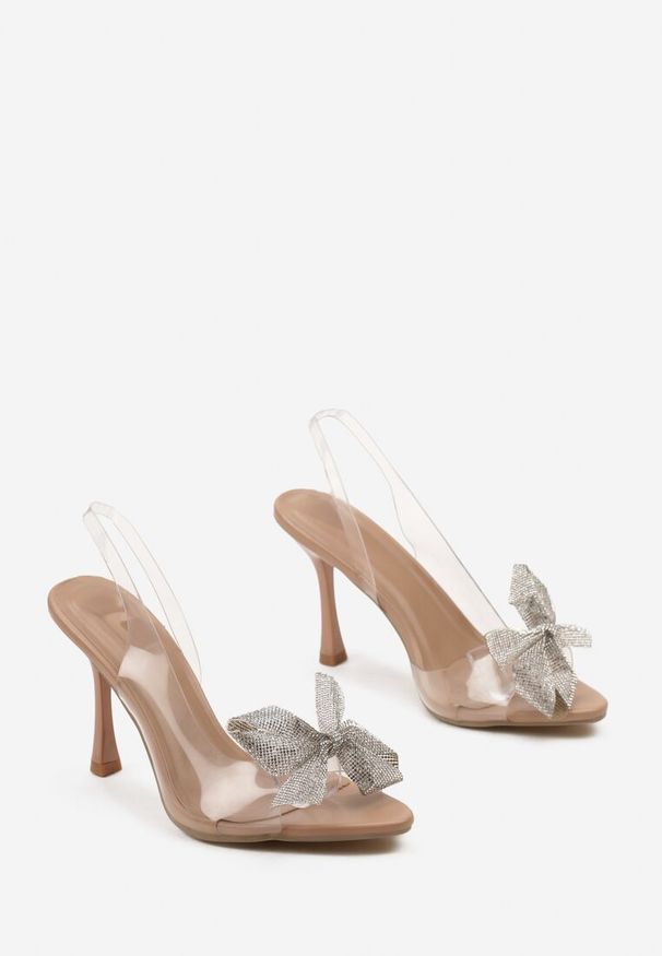 Born2be - Beżowe Sandały na Szpilce z Transparentną Cholewką i Kokardką z Cyrkoniami Loopa. Kolor: beżowy. Obcas: na szpilce. Styl: elegancki