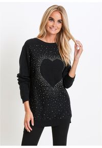 bonprix - Długi sweter z mieszanki bawełny. Typ kołnierza: dekolt w łódkę. Kolor: czarny. Materiał: bawełna. Długość: długie. Wzór: aplikacja. Styl: elegancki #1