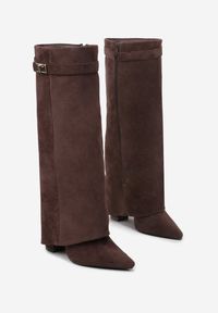 Born2be - Brązowe Kozaki na Słupku z Wywiniętą Cholewką Gafsena. Okazja: na co dzień. Kolor: brązowy. Materiał: jeans. Szerokość cholewki: normalna. Sezon: wiosna, zima, jesień. Obcas: na słupku. Styl: casual. Wysokość obcasa: średni #3