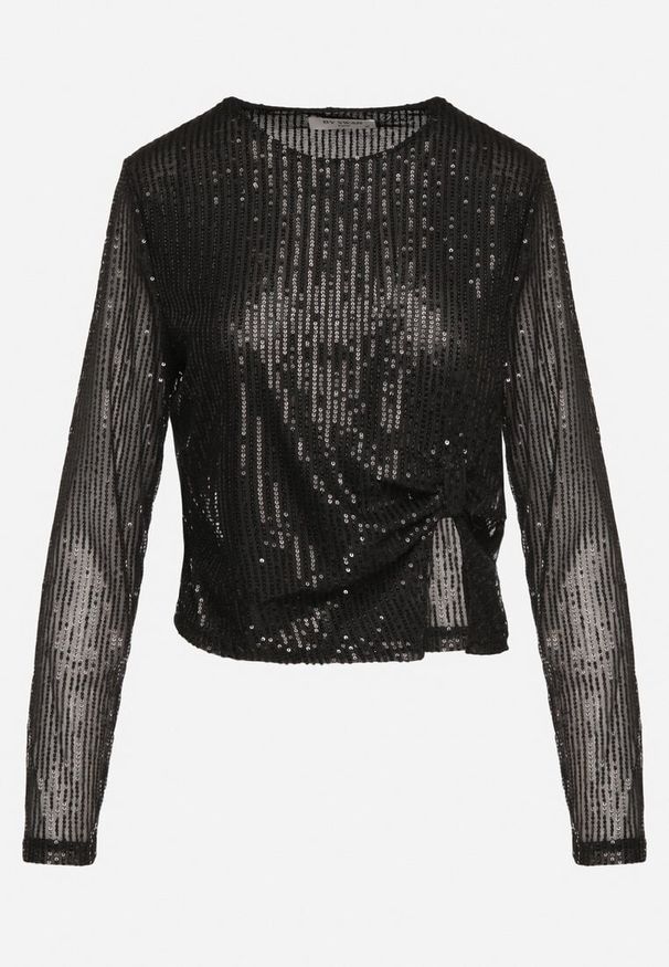 Born2be - Czarna Siateczkowa Bluzka Ozdobiona Cekinami Nalitea. Okazja: na co dzień. Kolor: czarny. Materiał: jeans. Wzór: aplikacja. Styl: casual, elegancki