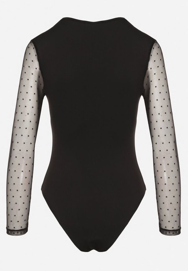 Born2be - Czarne Body Vices z Transparentnymi Rękawami w Kropki Klavie. Okazja: na co dzień. Kolor: czarny. Materiał: jeans. Wzór: kropki. Styl: casual