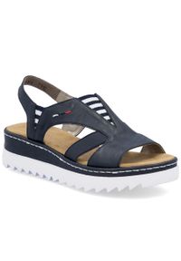 Sandały damskie na koturnie wsuwane granatowe Rieker V44Y5-14. Zapięcie: bez zapięcia. Kolor: niebieski. Materiał: skóra ekologiczna. Obcas: na koturnie #1