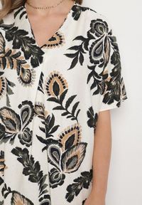 Born2be - Ciemnozielona Sukienka z Lnem i Wiskozą Ozdobiona Cyrkoniami Sadelune. Okazja: na co dzień. Typ kołnierza: dekolt w serek. Kolor: zielony. Materiał: wiskoza, len. Wzór: aplikacja. Styl: casual, elegancki, klasyczny #3