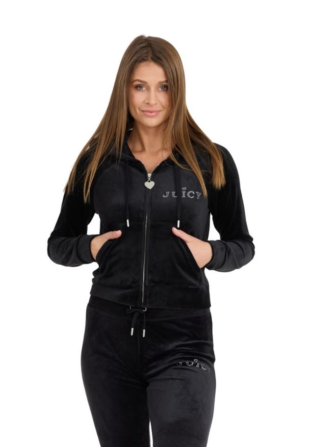 Juicy Couture - JUICY COUTURE Damska czarna bluza Regal Madison Hoodie, Rozmiar M. Okazja: na co dzień. Kolor: czarny. Materiał: materiał, elastan, poliester. Długość rękawa: długi rękaw. Długość: długie. Styl: casual, elegancki