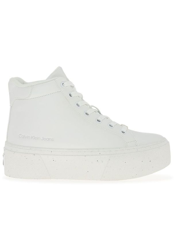 Buty Calvin Klein Bold Vulc Flatform Mid Laceup YW0YW01230-0K8 - białe. Zapięcie: sznurówki. Kolor: biały. Materiał: skóra, bawełna, guma, syntetyk. Szerokość cholewki: normalna. Obcas: na platformie