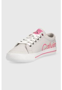 Calvin Klein Jeans tenisówki damskie kolor szary. Nosek buta: okrągły. Zapięcie: sznurówki. Kolor: szary. Materiał: materiał. Szerokość cholewki: normalna #4